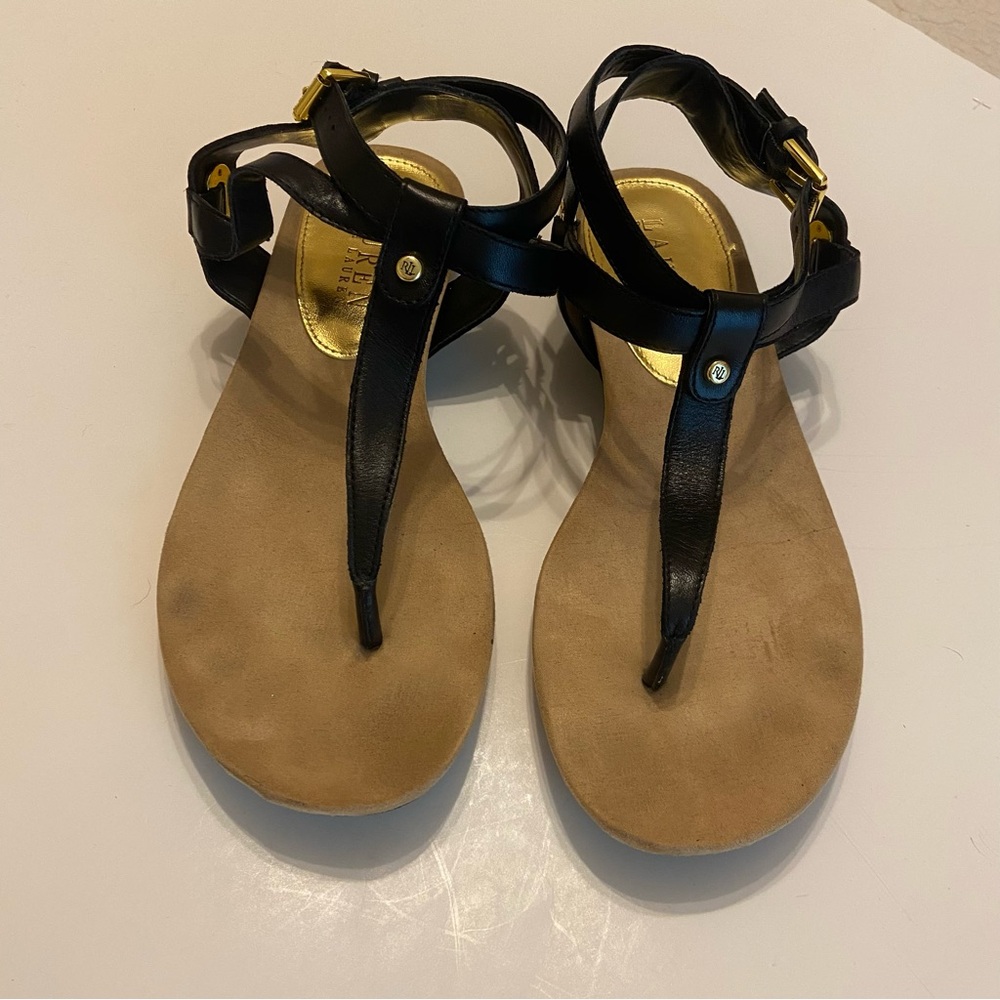 Lauren Ralph Lauren Black Leather Thong Sandals Size 7.5